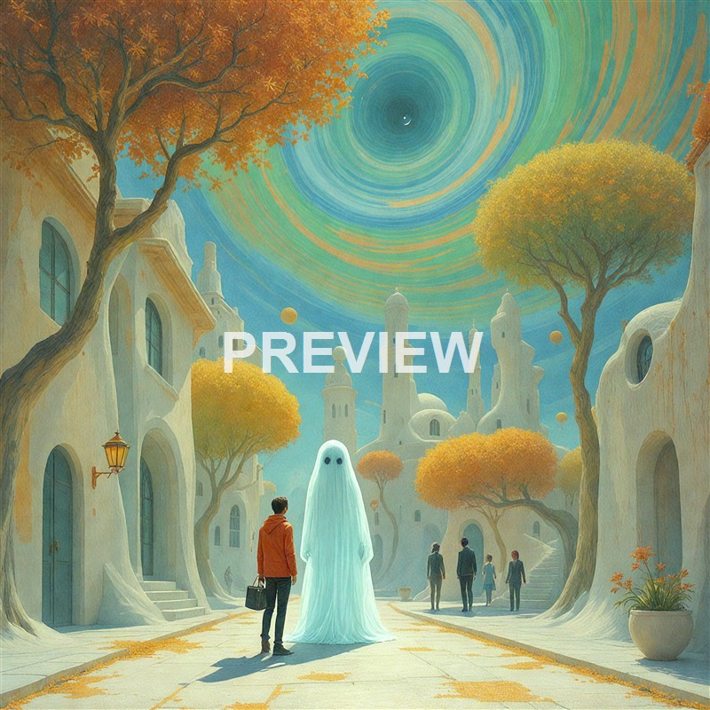 A surreal scene of a city street lined with whimsical, organic-looking buildings and golden-leaved trees, featuring a large ghostly figure with black eyes and a man in a red jacket holding a briefcase, with a swirling, colorful sky overhead.